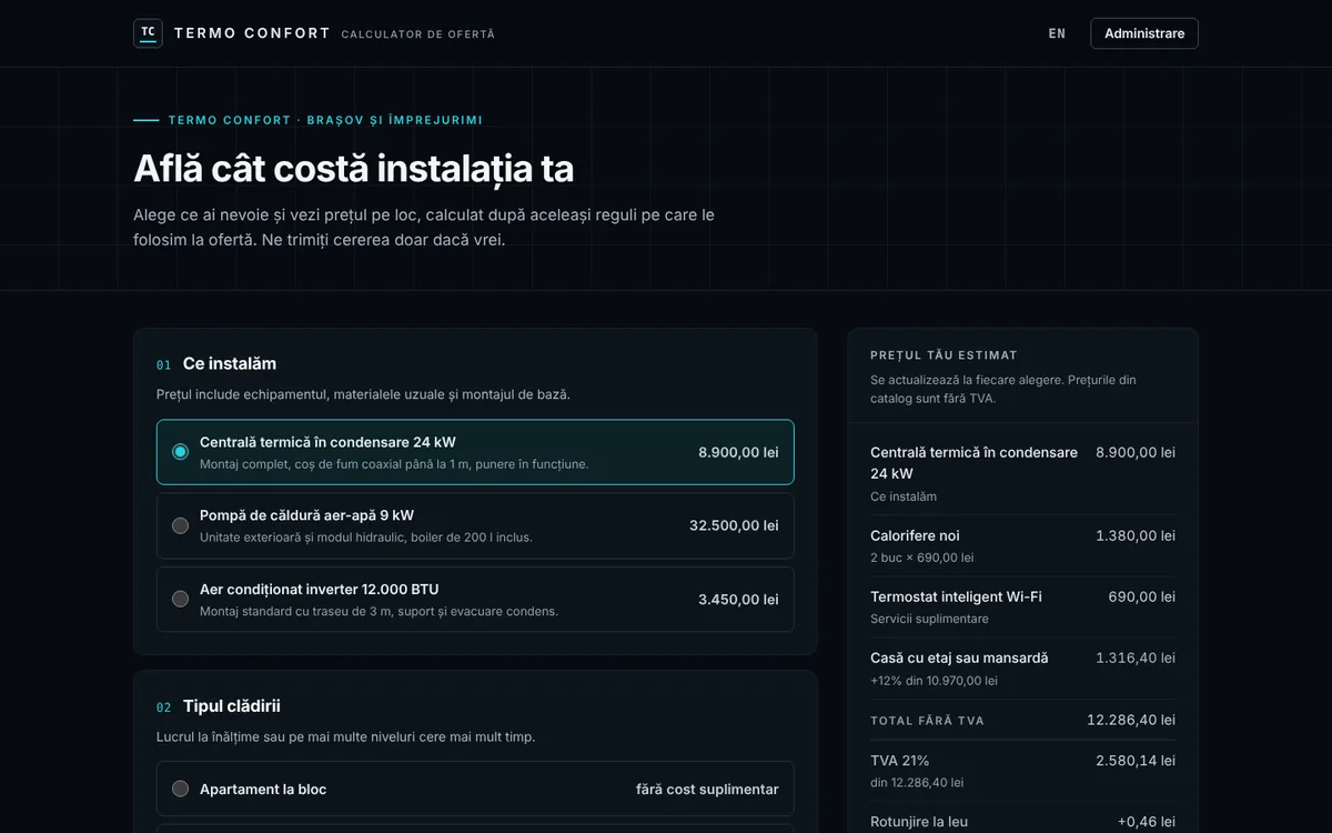 Configurator: calculatorul demonstrativ al unei firme de instalații termice, cu prețul estimat