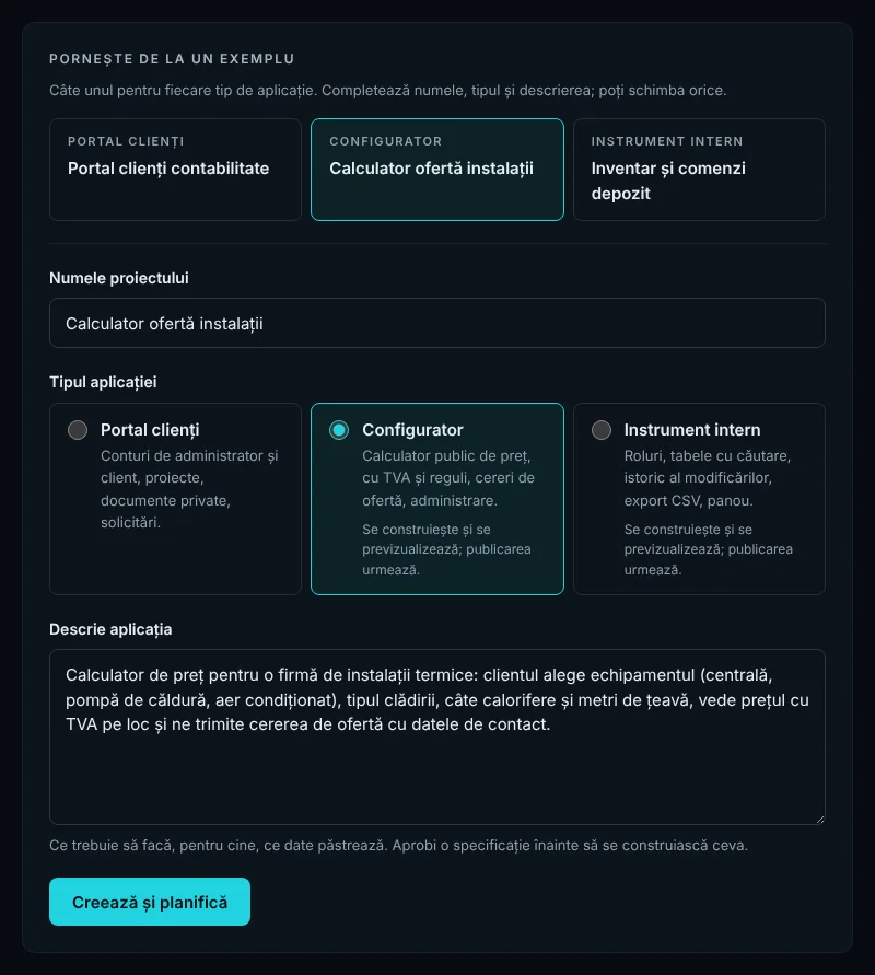 Pagina „Proiect nou” din NEXUS Build, cu câte un exemplu pentru fiecare dintre cele trei tipuri de aplicații